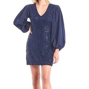 LDT Giselle Sequin Shift Mini Dress Size 4 Puff Sleeve Blue New Years Party Glam